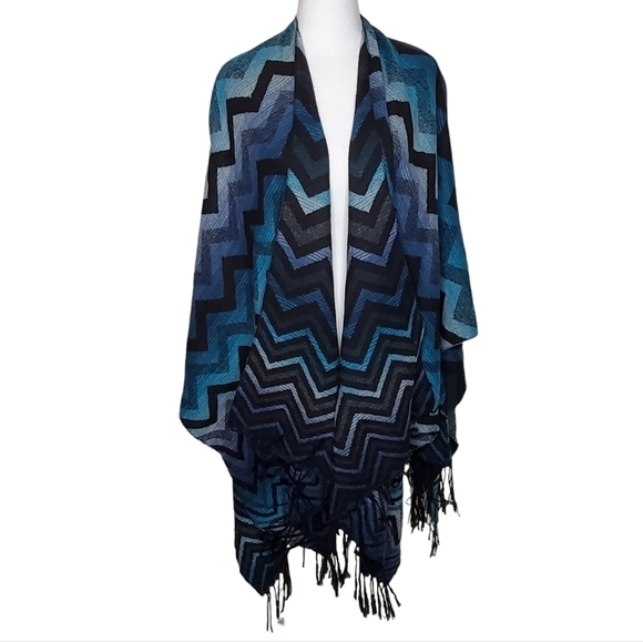Karen Hart Blue Chevron Shawl, Southwestern Aqua Wrap, Careercore - Picture 1 of 8